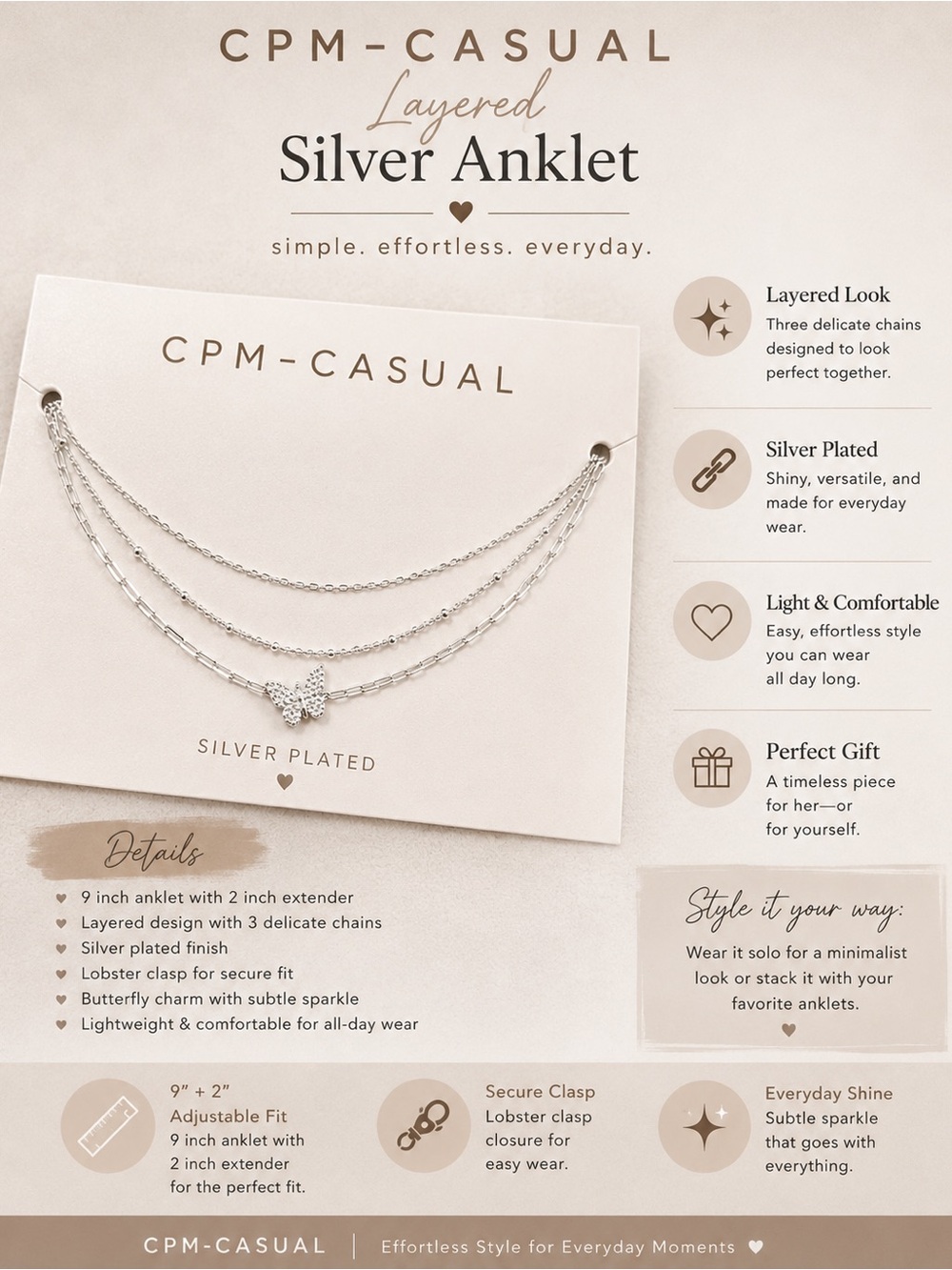 Silver Layered Butterfly Anklet Adjustable 9 In Silver Plated Minimalist Gift